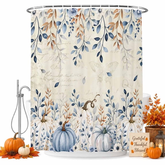 Blue Pumpkins Fall Shower Curtain Set - Small 36" x 72" Washable Bathtub Curtain with 12 Hooks, Thanksgiving Eucalyptus Leaves Weeping Autumn Waterproof Fabric Stall Shower Curtains for Bathroom
