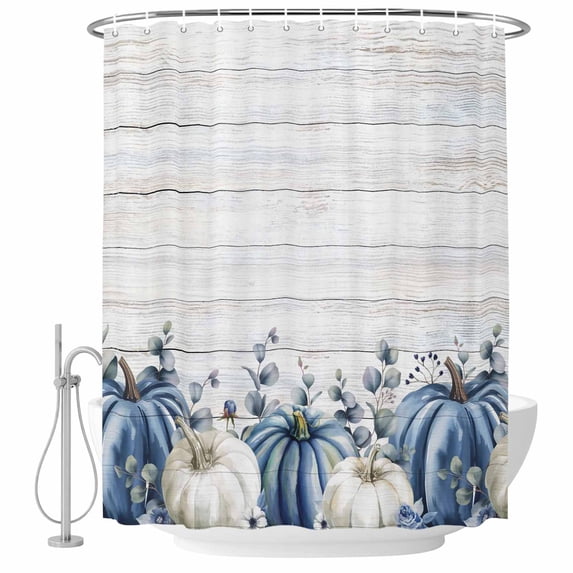 Blue Pumpkins Fall Shower Curtain, Waterproof Shower Curtains for Bathroom, Thanksgiving Eucalyptus Leaves Vintage Washable Fabric Bathtub Curtain Set Bath Decor with 12 Hooks Standard 72"x72"
