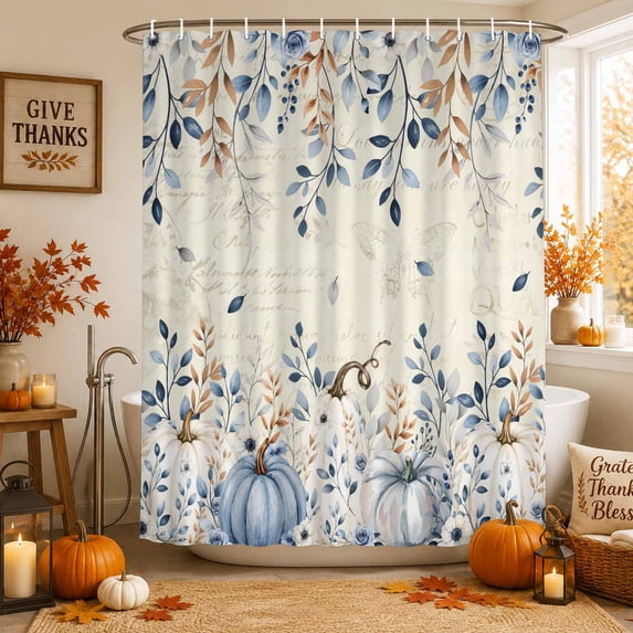 Blue Pumpkins Fall Shower Curtains for Bathroom, Thanksgiving Eucalyptus Leaves Weeping Autumn Waterproof Fabric Shower Curtain, Decorative Bathroom Curtain for Bathtub, 72"x72", No Hooks Included