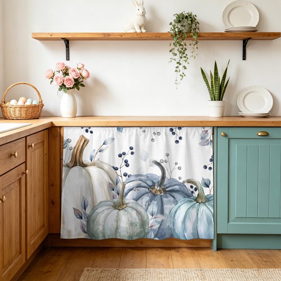 Blue Pumpkins Fall Sink Skirt 11"Wx13"L,Dustproof Under Sink Curtain with Self Adhesive Tape,Rustic Thanksgiving Watercolor Cabinet Curtain Cover for Bathroom Vanity,RV,Kitchen Cabinet Storage Shelf