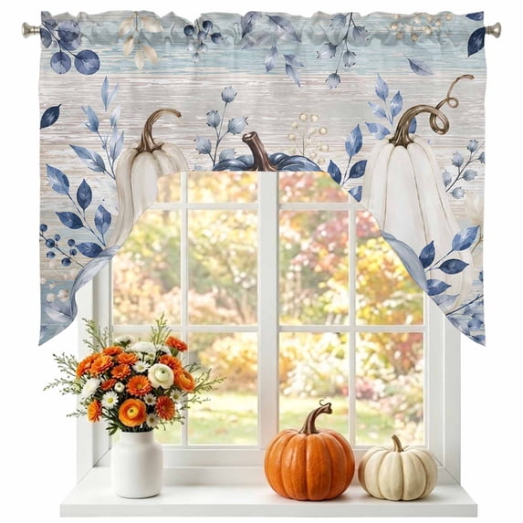Blue Pumpkins Fall Swag Valances for Windows, Small Curtains Drapes, Vintage Thanksgiving Autumn Leaf Botanical Kitchen Window Curtains Over Sink Window Treatment Valance for Bedroom/Bathroom 56"x36"