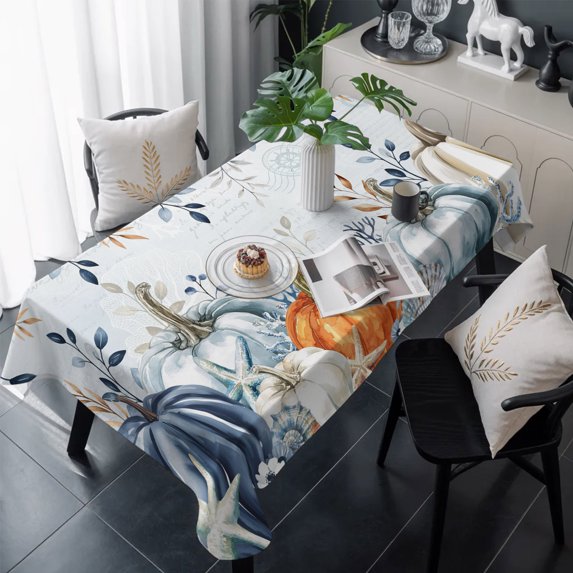 Blue Pumpkins Fall Table Cloth Waterproof Tablecloths, Thanksgiving Coastal Eucalyptus Leaves Tablecloth Dining Table Cover for Kitchen Party Tabletop Outdoor, Rectangle Tablecloth 54x108 Inch