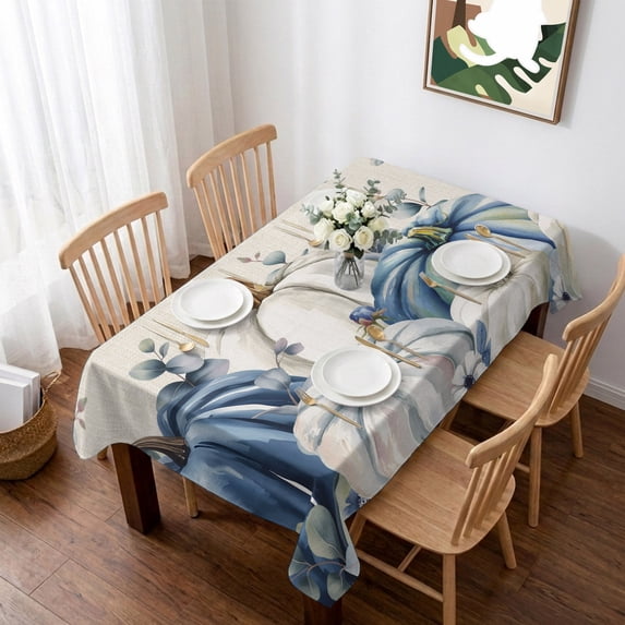 Blue Pumpkins Fall Table Cloth Waterproof Tablecloths, Thanksgiving Eucalyptus Leaf Rustic Tablecloth Dining Table Cover for Kitchen Party Tabletop Outdoor, Rectangle Tablecloth 60x84 Inch