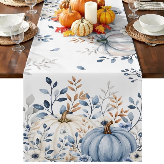Blue Pumpkins Fall Table Runner 36 Inches Long, Kitchen Dining Table Decoration, Thanksgiving Eucalyptus Leaves Weeping Coffee Tablerunner Dress Scarves Farmhouse Décor for Party, Holiday, 13 x 36