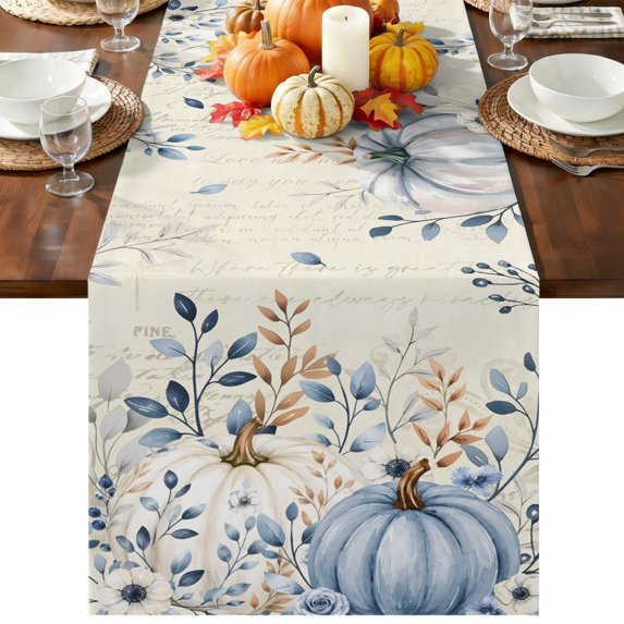 Blue Pumpkins Fall Table Runner 72 Inches Long, Kitchen Dining Table Decoration, Thanksgiving Eucalyptus Leaves Weeping Autumn Coffee Tablerunner Dress Scarves Farmhouse Décor for Party, 13 x 72