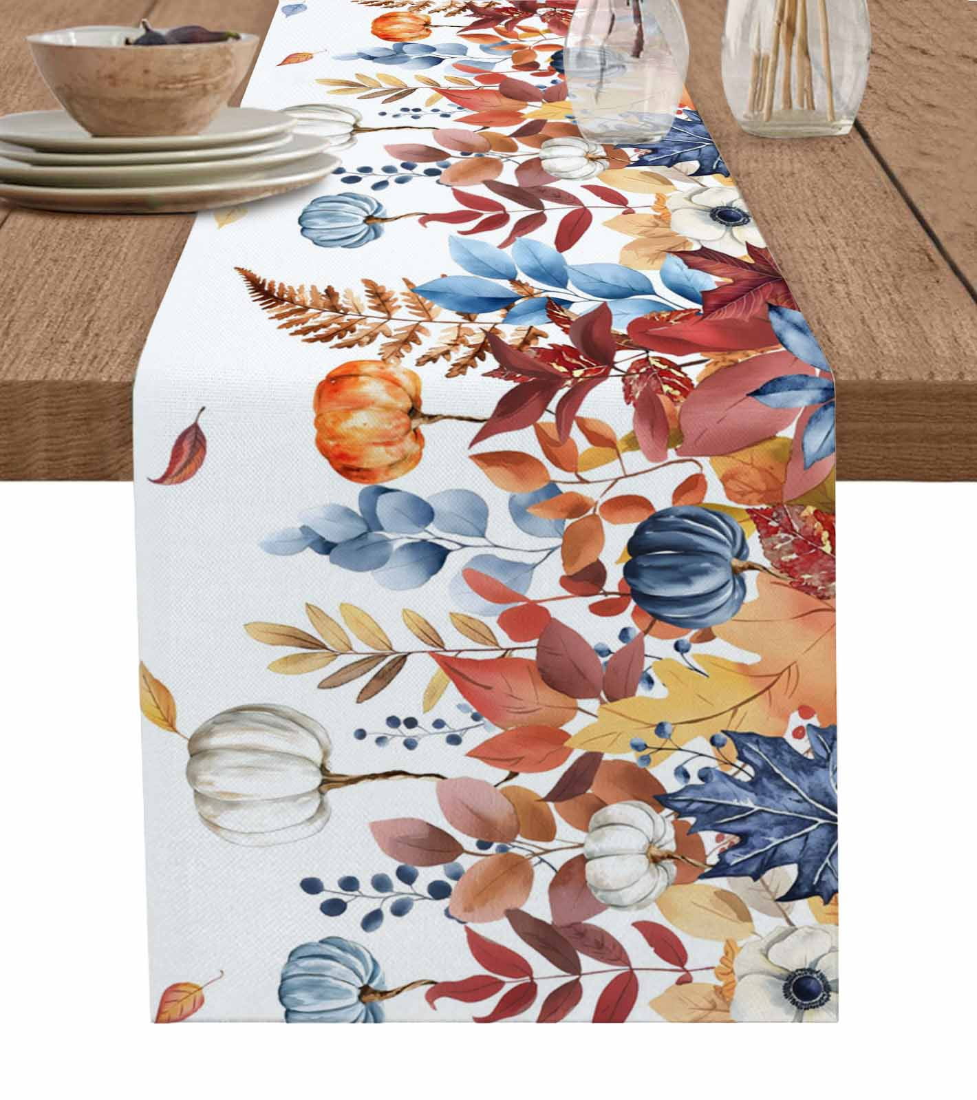 Blue Pumpkins Fall Table Runner 90 Inches, Eucalyptus Thanksgiving ...