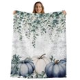 thumbnail image 1 of Blue Pumpkins Fall Throw Blanket, Flannel Fleece Blanket with Striped Design for Couch, Vintage Eucalyptus Leaves Thanksgiving Soft Breathable All Season Plush Blankets for Sofa Office Travel 40"x50", 1 of 9