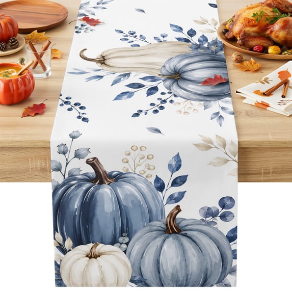 Blue Pumpkins Falll Cotton Linen Rectangle Table Runners 13"x60", Seasonal Thanksgiving Maple Leaf Coffee Table Runner Dresser Scarves Luxury Table Runners for Wedding Party Banquet Dinner Decor