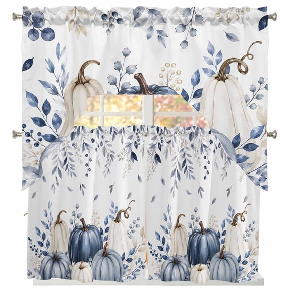 Blue Pumpkins Falll Swag Kitchen Curtains Sets for Windows 24 Inch Length, Seasonal Thanksgiving Maple Leaf Short Window Curtain Panels Swags Valances and Tiers 3 Piece Set for Cafe/Dining Room