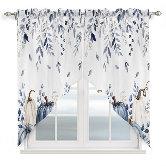Blue Pumpkins Falll Swag Valances for Windows, Kitchen Curtains 36 Inch Length 2 Panels Set, Seasonal Thanksgiving Maple Leaf Short Curtains for Small Windows Rod Pocket Cafe Curtains Drapes 28"x36"