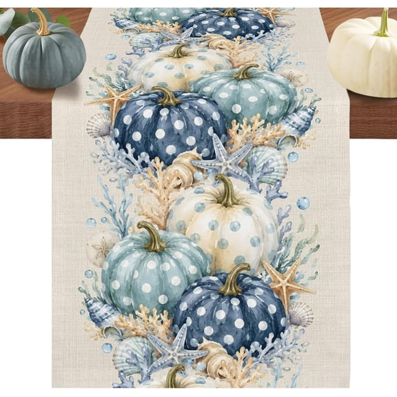Blue Pumpkins Table Runners 72 Inches Long, Fall Thanksgiving Cotton Linen Fabric Table Runner Dresser Scarf, Coastal Starfish Coral Beige Tablerunner for Party/Kitchen/Dinner/Wedding Decor 13"x72"
