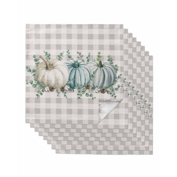 Blue Pumpkins Thanksgiving Cloth Napkins Set of 8 Reusable Dinner Napkins, Fall Green Eucalyptus Farmhouse Plaid Cocktail Napkin Washable Table Napkins for Wedding/Holiday Party/Baby Shower 20"x20"