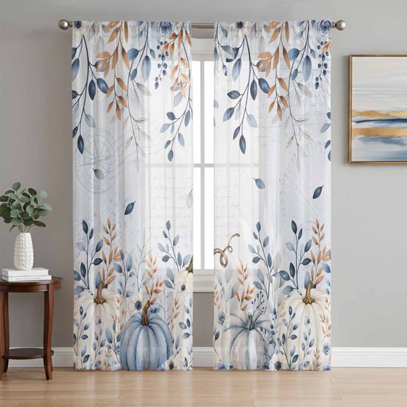 Blue Pumpkins Thanksgiving Sheer Curtains 63 Inches Long, Fall Eucalyptus Leaves Weeping Light Filtering Window Curtains for Living Room, Rod Pocket Voile Sheer Curtain Drapes, 52"W x 63"L, 2 Panels