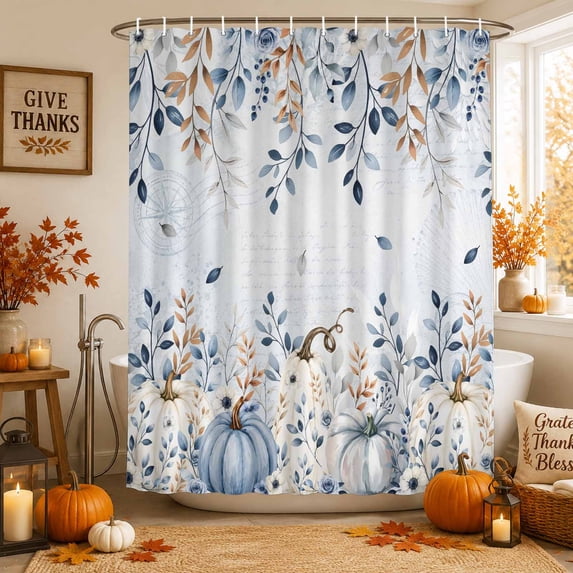 Blue Pumpkins Thanksgiving Shower Curtains for Bathroom, Fall Eucalyptus Leaves Weeping Waterproof Fabric Shower Curtain, Decorative Bathroom Curtain for Bathtub, 36"x72", No Hooks Included