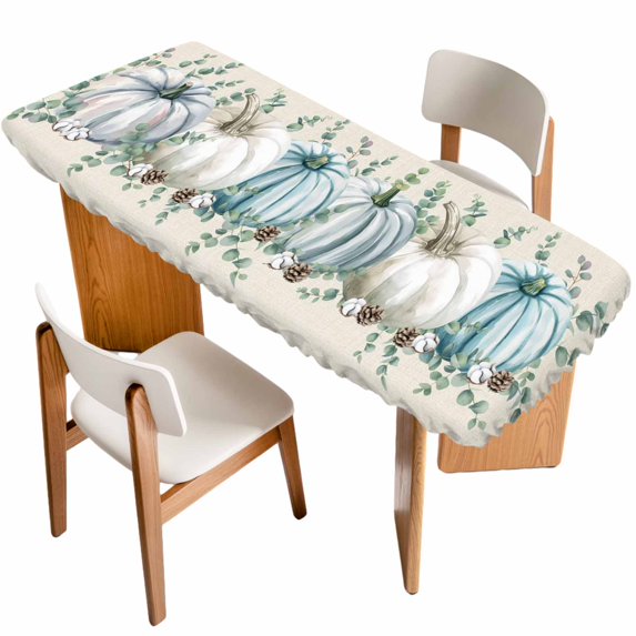 Blue Pumpkins Thanksgiving Table Cloths for 8 Foot Rectangle Tables, Fall Green Eucalyptus Retro Beige Patio Waterproof Elastic Fitted Tablecloths, Washable Rectangular Table Cover for Camping