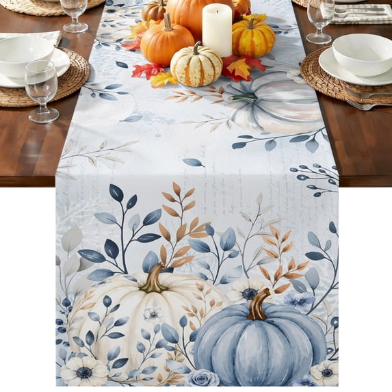 Blue Pumpkins Thanksgiving Table Runner 60 Inches Long, Kitchen Dining Table Decoration, Fall Eucalyptus Leaves Weeping Coffee Tablerunner Dress Scarves Farmhouse Décor for Party, Holiday, 13 x 60