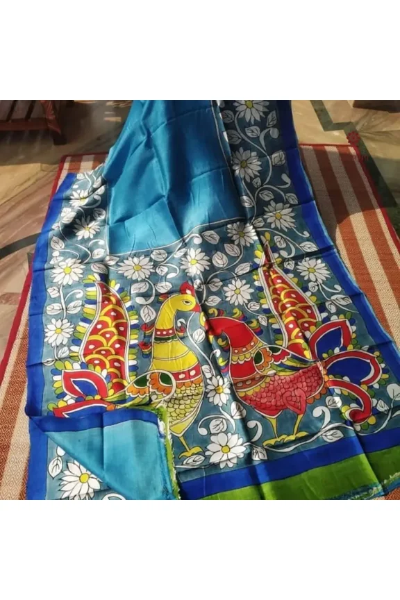 Blue Pure Silk Hand Painted Kalamkari Pure Saree