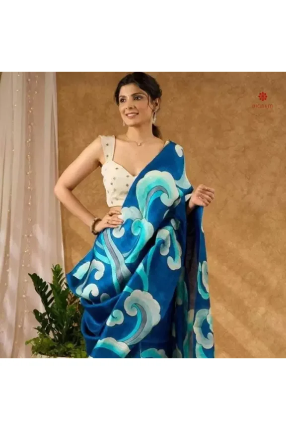 Blue Pure Silk Hand Painted Saree