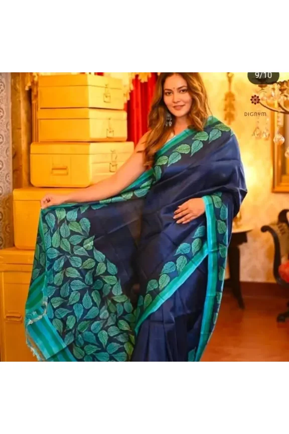Blue Pure Silk Hand Painted Saree