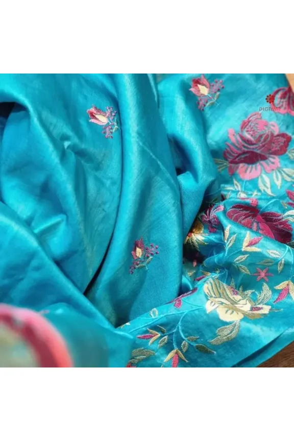 Blue Pure Tussar Silk Embroidered Saree