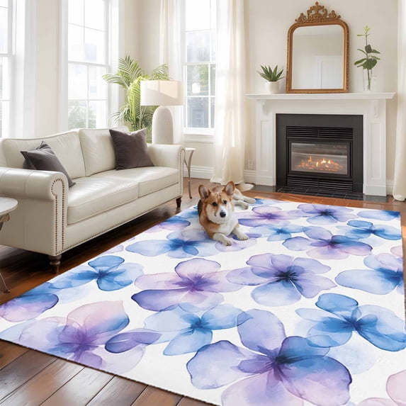 Blue Purple 5x7 Area Rugs for Living Room, Flowers Pansy Watercolor Gradient Plant Petals Non Slip Floor Mat Washable Low-Profile Indoor Carpet for Bedroom, Dining Room, Bathroom