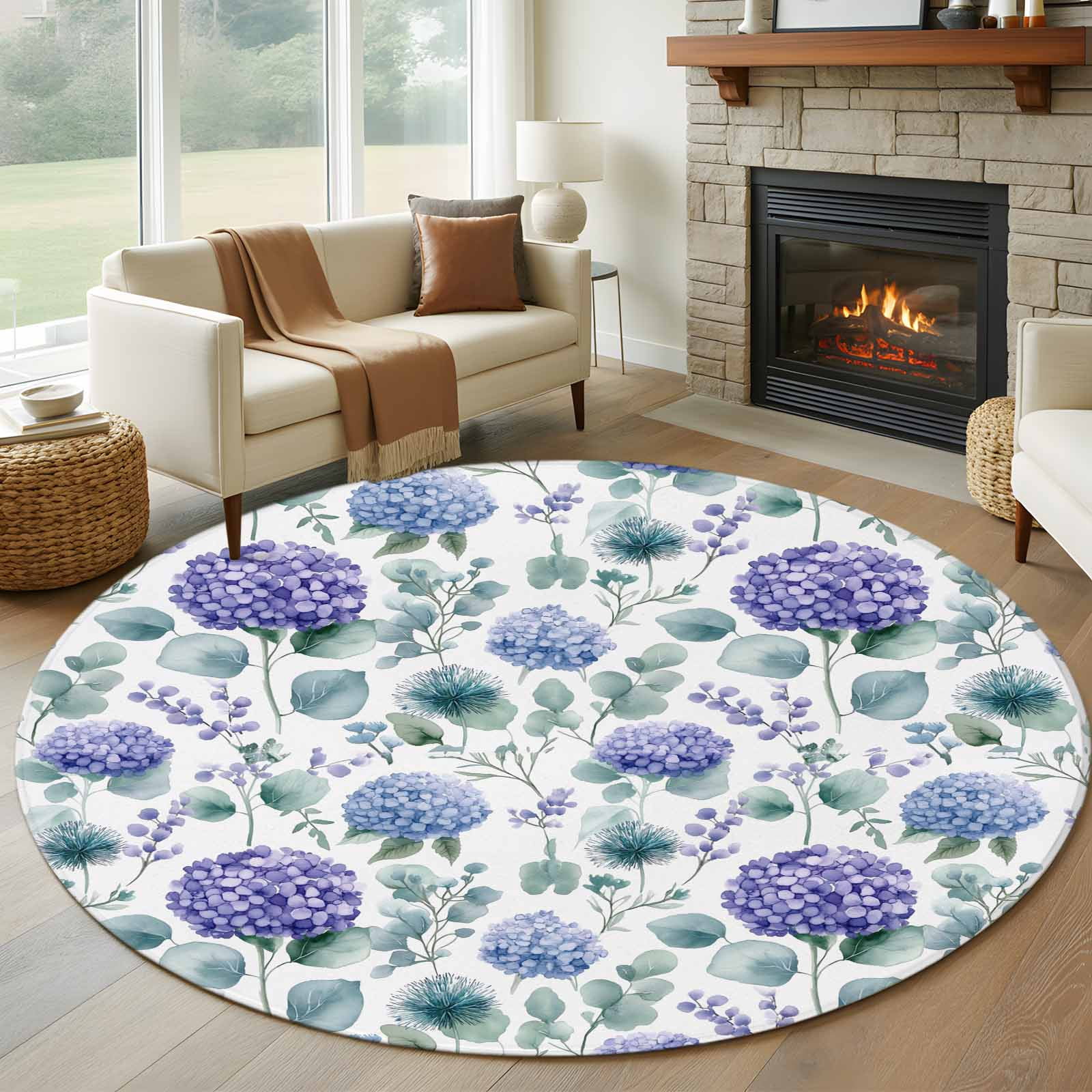 Tufted Rug Blue Hydrangea Blue Purple 8FT Round Area Rugs for Living Room 111 Hydrangea ...