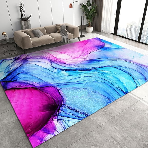 Blue Purple Abstract Living Room Area Rug, Oil Paint Creative Rectangle Indoor Non-Slip Rug, Machine Washable Breathable Durable Carpet for Bedroom Bedside Porch Entryway Office 2x3ft