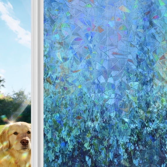 Blue Purple Abstract Rainbow Window Privacy Film, Vintage Minimalist Fluid Oil Painting Texture Stained Glass Window Film, Sun Blocking Glass Clings Non Adhesive Door Stickers 17.7 x 39.3 Inches