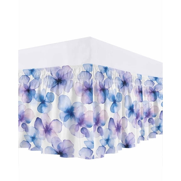 Blue Purple Bed Skirt California King Size 18" Drop Flowers Pansy Watercolor Gradient Plant Petals Ruffled Wrap Around Bed Skirts Adjustable Elastic Bedskirt Dust Ruffle for California King Size Bed