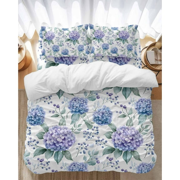 Blue Purple Bedding Duvet Cover Set Queen Size 4 Pieces Hydrangea Floral Blueberry Bouquet Leaves Bedding Set with Zipper Closure, 1 Comforter Cover 90x92 Inches 1 Flat Sheet & 2 Pillow Cases