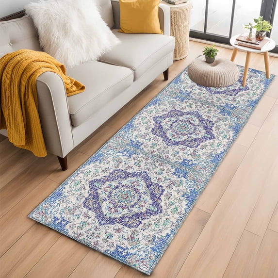 Blue Purple Boho 2'x6' Runner Rugs for Hallway Kitchen Bedside Non Slip, Vintage Abstract Art Floral Ethnic Tribe Entryway Rug Runners with Rubber Backing, Long Carpet Runner for Laundry Room
