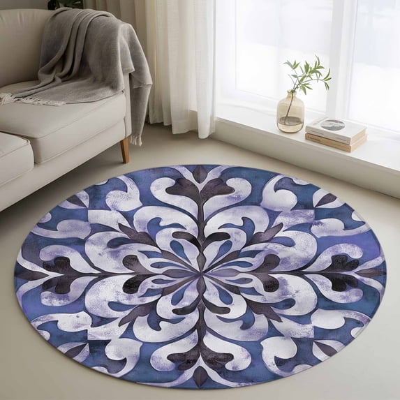 Blue Purple Boho 3ft Area Rug, Vintage Abstract Flowers Washable Non ...