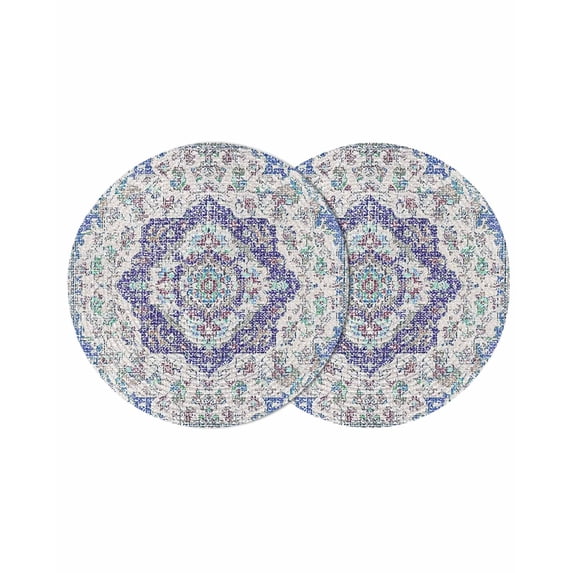 Blue Purple Boho Round 13 Inch Placemats Set of 2, Vintage Abstract Art Floral Ethnic Tribe HeatResistant Non Slip Place Mats for Dining Table, Wipeable Braided Kitchen Table Mats for Housewarming
