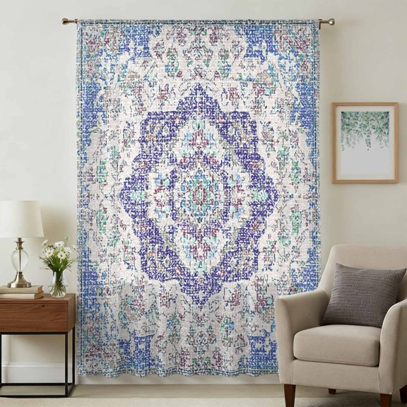 Blue Purple Boho Sheer Curtains 45" Long for Bedroom, Vintage Abstract Art Floral Ethnic Tribe Light Filtering Privacy Drapes, Breathable Semi Sheer Short Window Treatment for Kitchen Cafe Bathroom