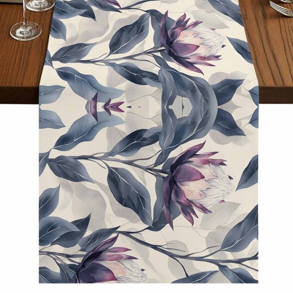 Blue Purple Botanical 36 Inch Table Runner, Vintage Flowers Illustration Farmhouse Dresser Scarf Cotton & Linen Tablerunner for Dining/Kitchen Island/Holiday Party Décor Small 13" x 36"