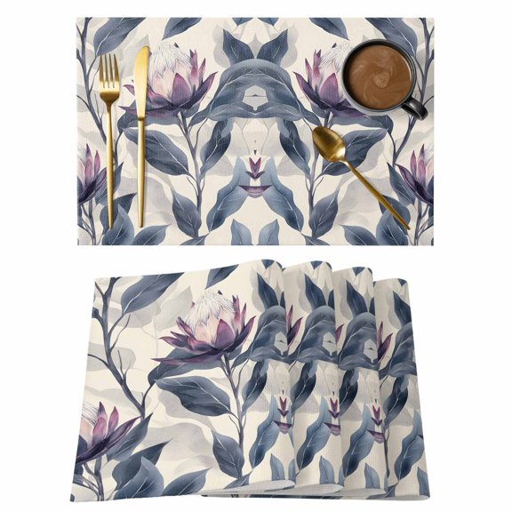 Blue Purple Botanical Placemats Set of 4 Vintage Flowers Illustration Place Mats Indoor Wipeable Table Mats Washable Cloth Dining Table Placemats for Kitchen Holiday Party Home Decor 13x19 Inch