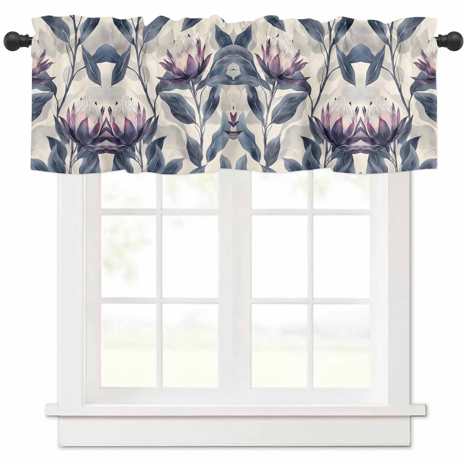 Blue Purple Botanical Valances for Windows Farmhouse Kitchen Curtains ...
