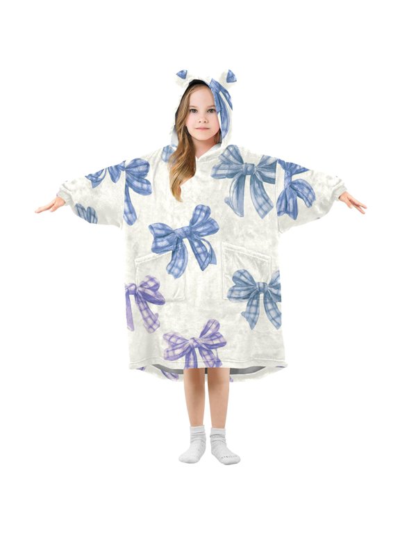 Blue Purple Bows with Plaids Flannel Wearable Blankets Hooded Design Long Sleeves Wrap Unisex for 3T-14Y S