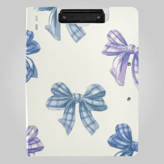 Blue Purple Bows with Plaids Foldable Binder Folder Clipboard with Pen Slot Double Clips A4 Size File Storage