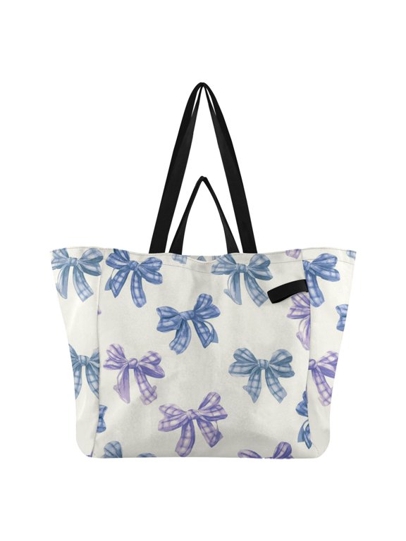 Blue Purple Bows with Plaids Foldable Canvas Tote Bags Reusable Grocery Bags Laundry Bags Beach Bag 32L