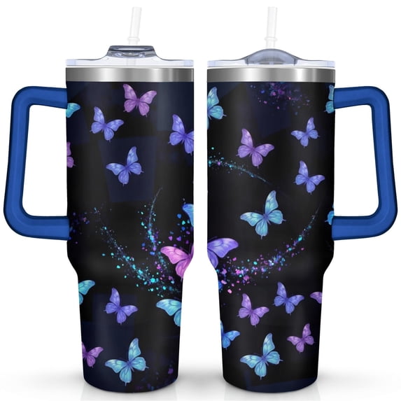 Blue and Purple Butterflies 40 Oz Tumbler with Handle Lid and Straw, Stainless Steel Double Walled Vacuum Insulated Cup, Cute Birthday Gifts Tumbler for Women Men Friends