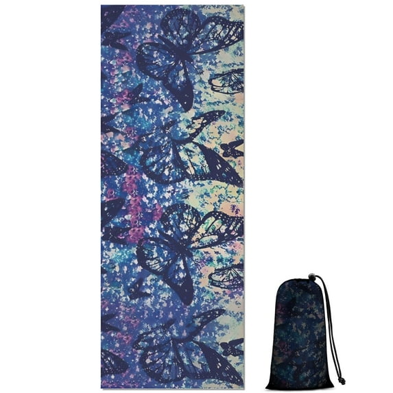 Blue Purple Butterfly Pattern Hot Yoga Mat Towel Non Slip for Hot Yoga - Quick-Drying Yoga Mat Cover with 4 Corner Pockets with Travel Bag - Hot Yoga Towel Non Slip 74"x26"