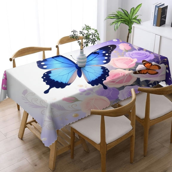 Blue Purple Butterfly Rectangular Tablecloth, with lace trim - Holiday-Themed Design Tablecloths for dining table, Cafe, dinner, brunch, buffet, picnic