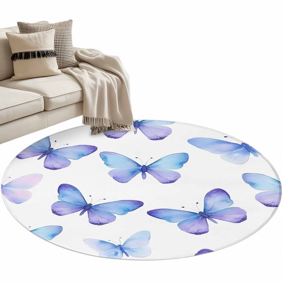 Blue Purple Butterfly Round Rug 3ft Area Rug Washable Soft Non-Slip 3' Circle Low Pile Rugs Watercolor Elegance Butterflies Carpet for Bedroom Living Room Entryway Home Office Dining Room