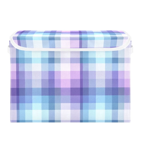 Blue Purple Checkered Pattern Foldable Storage Bins with Lids Handles Collapsible Storage Containers Tote Boxes 16.5 x 12.6 x 11.8 inches