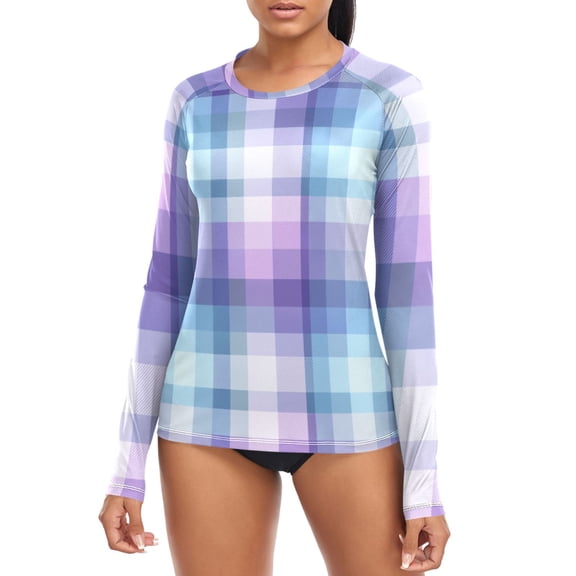 Blue Purple Checkered Pattern Women's Rash Guard Shirts UPF 50+ Sun Protection Clothing Long Sleeve Swim Suits XL