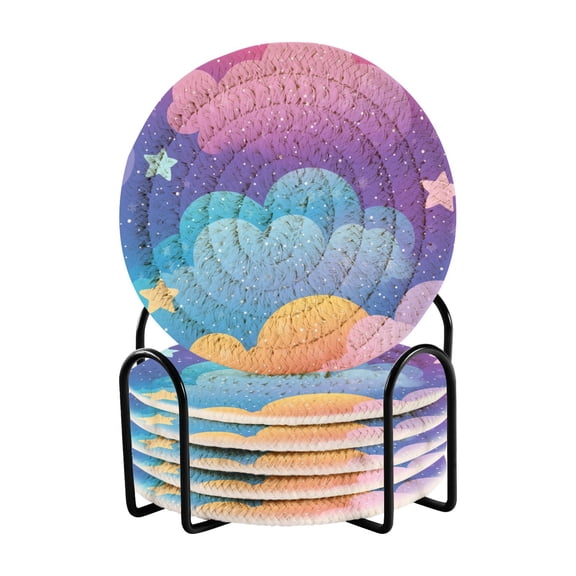 Blue Purple Clouds Cartoon Drink Coasters with Holder Absorbent Coaster for Coffee Table Room Decor 6 Pack