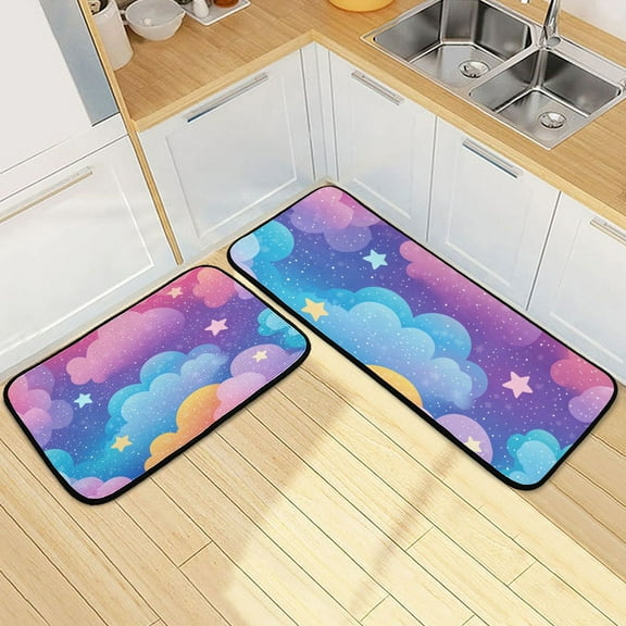 Blue Purple Clouds Cartoon Kitchen Mat Set of 2 Cushioned Non Slip Rugs for Bedroom Floor Runner Mats