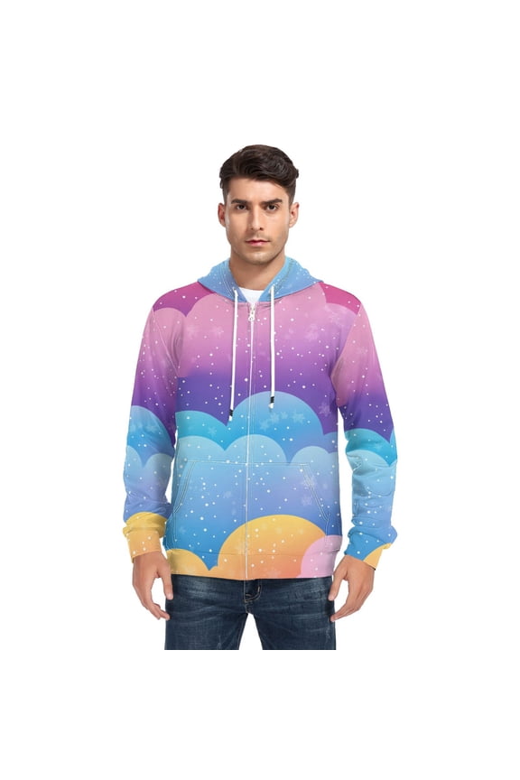 Blue Purple Clouds Cartoon Men’s Hoodies Sweatshirt with Full Zip Pockets Fleece Jackets