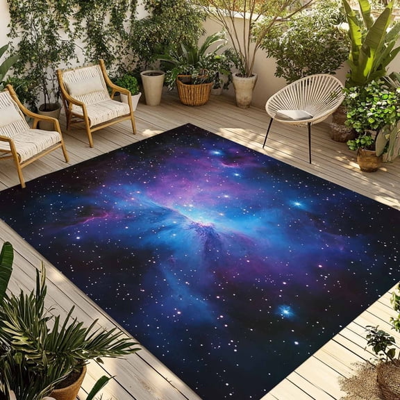 Blue Purple Clouds Outdoor Rug 5x7 Ft - Reversible Patio Rug Outdoor Camping Rugs, Modern Abstract Stars Sky Washable Indoor Outdoor Area Rugs, Non-Slip Outdoor Carpet Runner for Deck/Porch